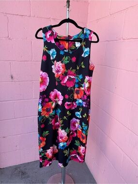 Sleeveless Black Floral Shift Dress with Vibrant Multicolor Blooms